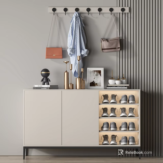 Modern Shoe Cabinet with Decorative Items Handbags Coat and Multi Tiered Gray Shoes Rack 3d model 
