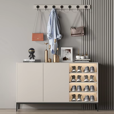 Modern Shoe Cabinet with Decorative Items Handbags Coat and Multi Tiered Gray Shoes Rack 3d model