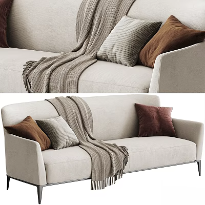 Modern Beige Two Seater Sofa With Brown Gray Pillows And Knitted Throw Blanket 3d model