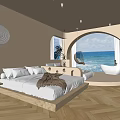 Hotel Guest Room With Arched Window Sea View King Bed TV And Wooden Floor