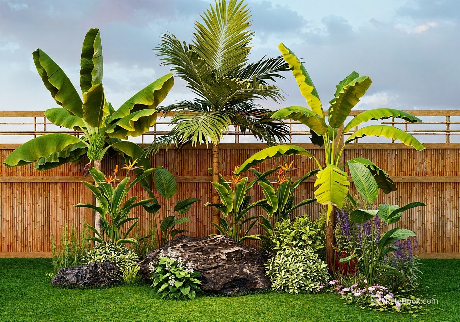 Lush Tropical Garden With Banana Plants Palm Tree Bamboo Fence Green Grass And Colorful Flowers 3d model 
