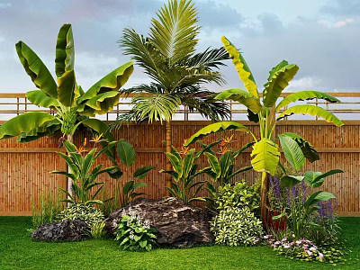 Lush Tropical Garden With Banana Plants Palm Tree Bamboo Fence Green Grass And Colorful Flowers 3d model