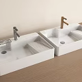 White Rectangular Sinks with Silver and Copper Faucets on Wooden Countertop and Drain Boards