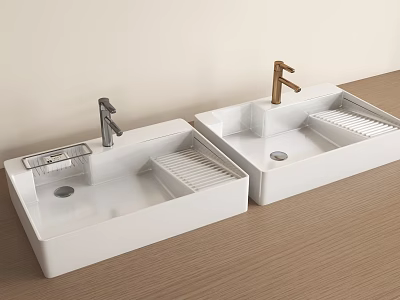 White Rectangular Sinks with Silver and Copper Faucets on Wooden Countertop and Drain Boards 3d model