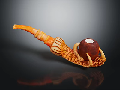 Handcrafted Wooden Smoking Pipe With Curved Stem And Carved Brown Bowl 3d model
