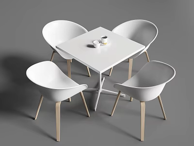 White Square Table with Four White Chairs Wooden Legs and Cup with Saucer on Top 3d model