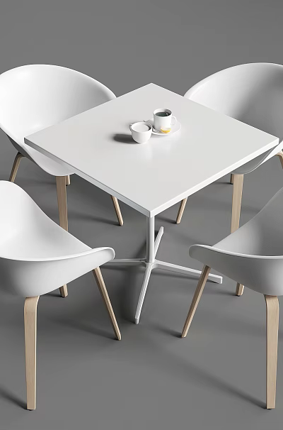 White Square Table with Four White Chairs Wooden Legs and Cup with Saucer on Top 3d model