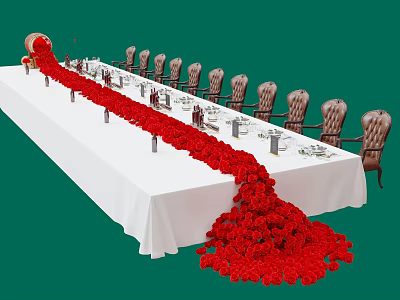 Elegant Long Dining Table and Chairs Setup with White Tablecloth Red Roses and Tableware 3d model