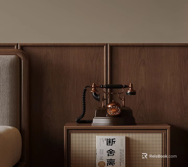 Vintage Telephone On Wooden Bedside Table With Wooden Wall Panel And Book 3d model 