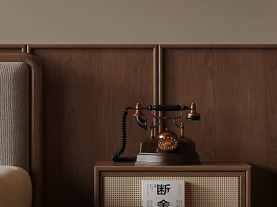 Vintage Telephone On Wooden Bedside Table With Wooden Wall Panel And Book 3d model