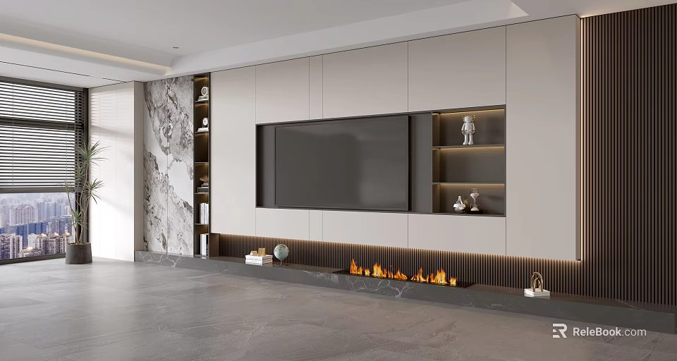 Modern TV Wall Design With Marble Accent Built in TV Fireplace and Open Shelves 3d model 