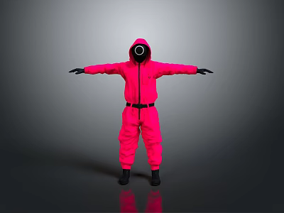 Person In Neon Pink Jumpsuit With Hood Circular Opening Arms Outstretched Against Gray Background 3d model