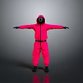 Person In Neon Pink Jumpsuit With Hood Circular Opening Arms Outstretched Against Gray Background