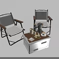Outdoor Table with Drawers and Folding Chairs Coffee Pot Cups Banana and Tissue Box