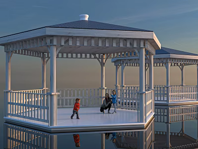 Ancient Octagonal White Pavilion with Columns and Roof People Inside Enjoying Water Reflection 3d model
