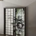 Japanese Interior Sliding Door With Bamboo Pattern Wooden Frame And Frosted Glass Design