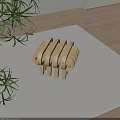 Modern Wooden Side Table with Geometric Curved Design and Green Plant on Beige Mat