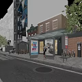 Vibrant Urban Commercial Street Featuring Bus Stop Shelter Billboard Pedestrian And Bicycle Parking
