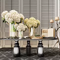 Elegant Modern Vases With White Hydrangeas On Black Table Gray Shutter Background And Lamps 3d model