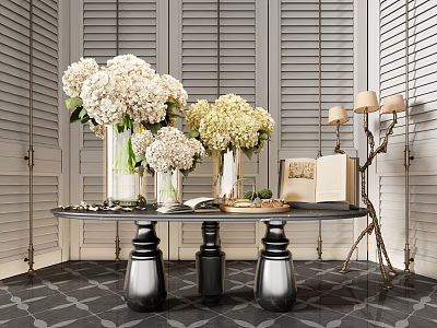 Elegant Modern Vases With White Hydrangeas On Black Table Gray Shutter Background And Lamps 3d model