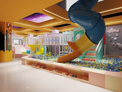 Vibrant Indoor Playground With Blue Yellow Slide Colorful Ball Pit And Cloud Decorations 3d model