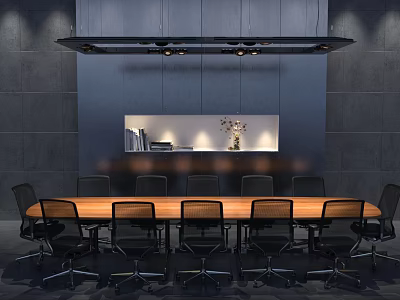 Modern Conference Room With Long Wooden Table Black Chairs Gray Wall Shelf And Ceiling Light 3d model