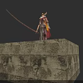 Mythical Armored Character With Horned Helmet Red Cape And Longsword On Stone Brick Floor