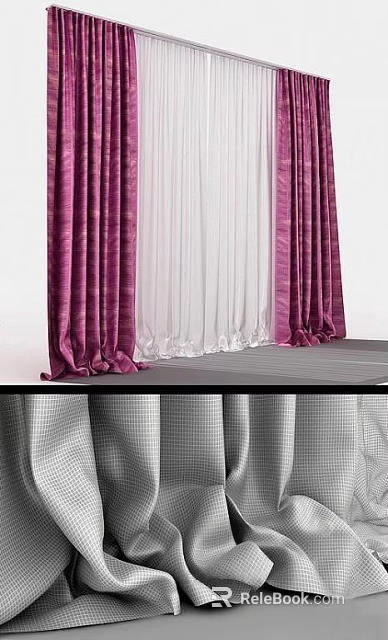 Purple Curtains With White Sheer Layers For Elegant Home Window Decor 3d model 