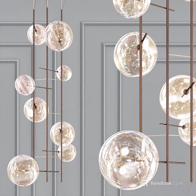 Modern Geometric Chandelier With Transparent Spherical Bulbs And Metal Rods On Gray Wall 3d model 