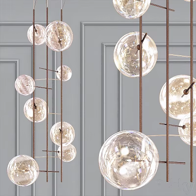 Modern Geometric Chandelier With Transparent Spherical Bulbs And Metal Rods On Gray Wall 3d model