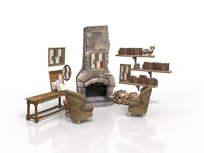 Rustic Interior With Stone Fireplace Two Armchairs Bookshelf Wooden Table And Framed 3d model