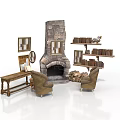 Rustic Interior With Stone Fireplace Two Armchairs Bookshelf Wooden Table And Framed