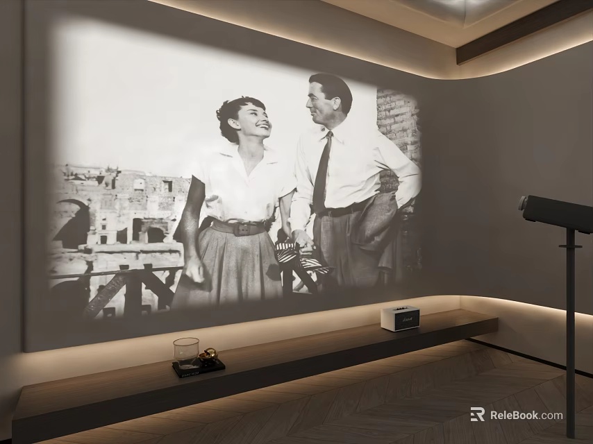 Home Theater Room With Black And White Film Projection On Wall And Projector 3d model 