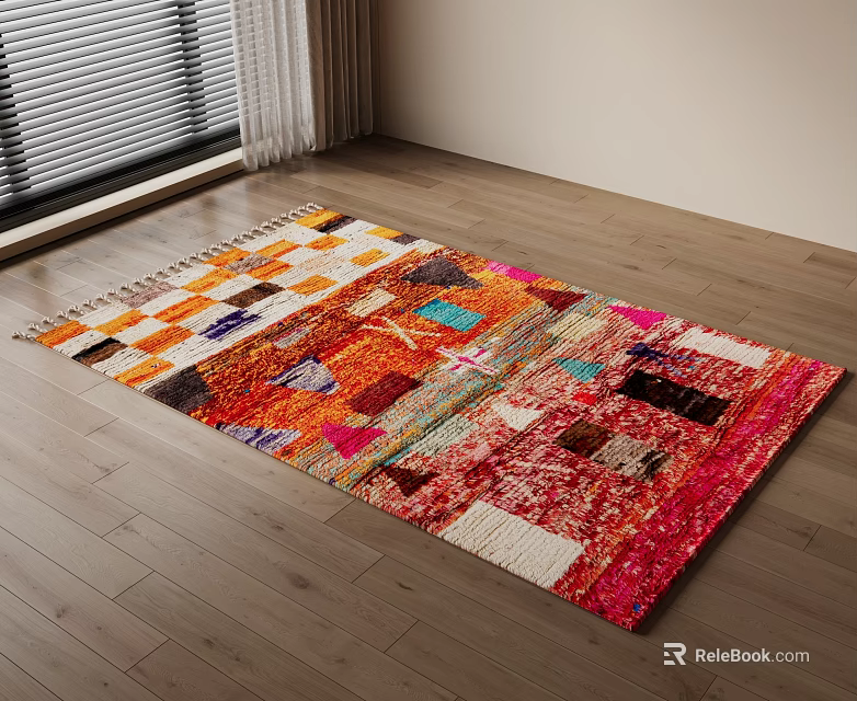 Colorful Patchwork Square Rug in Modern Room with Wooden Floor 3d model 