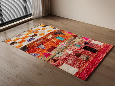 Colorful Patchwork Square Rug in Modern Room with Wooden Floor 3d model
