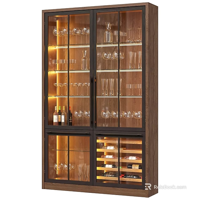 Modern Wooden Wine Cabinet With Glass Doors And LED Lighting For Wine Glasses 3d model 