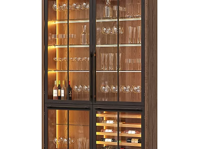 Modern Wooden Wine Cabinet With Glass Doors And LED Lighting For Wine Glasses 3d model