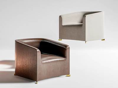 Modern Single Sofa Designs In Brown Leather And Light Gray Fabric With Gold Legs 3d model