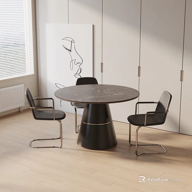 Modern Minimalist Dining Table Set with Round Marble Top and Four Black Metal Frame Chairs 3d model 
