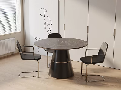 Modern Minimalist Dining Table Set with Round Marble Top and Four Black Metal Frame Chairs 3d model