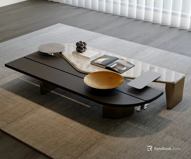 Modern Coffee Table With Black Wood Glass Top Gold Metal Legs Decorative Bowl And Magazines 3d model 