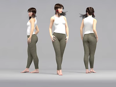 Woman in White Tank Top and Green Leggings Barefoot Showing Multiple Angles 3d model