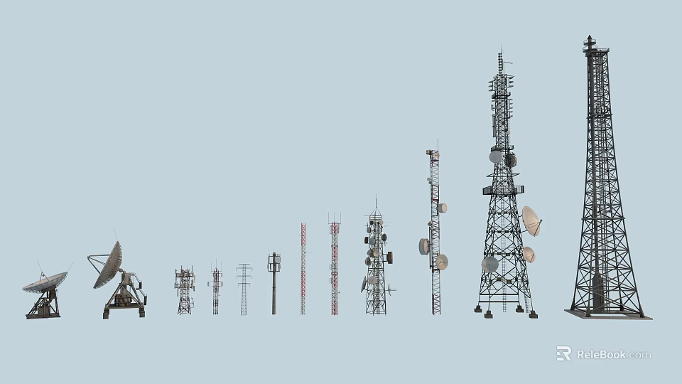 Different Types of Telecommunication Equipment Such as Towers Satellite Dishes Telephone Poles and Antennas 3d model 