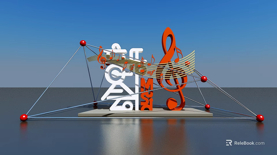 Orange Treble Clef White Music Notes Photo Spot With Red Spheres Blue Sky Water Reflection 3d model 