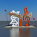 Orange Treble Clef White Music Notes Photo Spot With Red Spheres Blue Sky Water Reflection