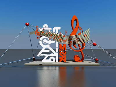 Orange Treble Clef White Music Notes Photo Spot With Red Spheres Blue Sky Water Reflection 3d model