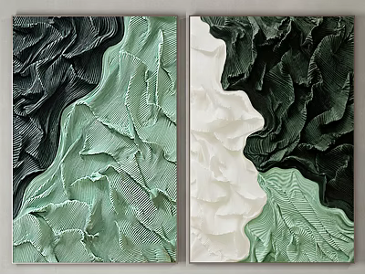 Abstract Painting Two Panel Green White Dark Green Wavy Relief Texture Home Decor 3d model