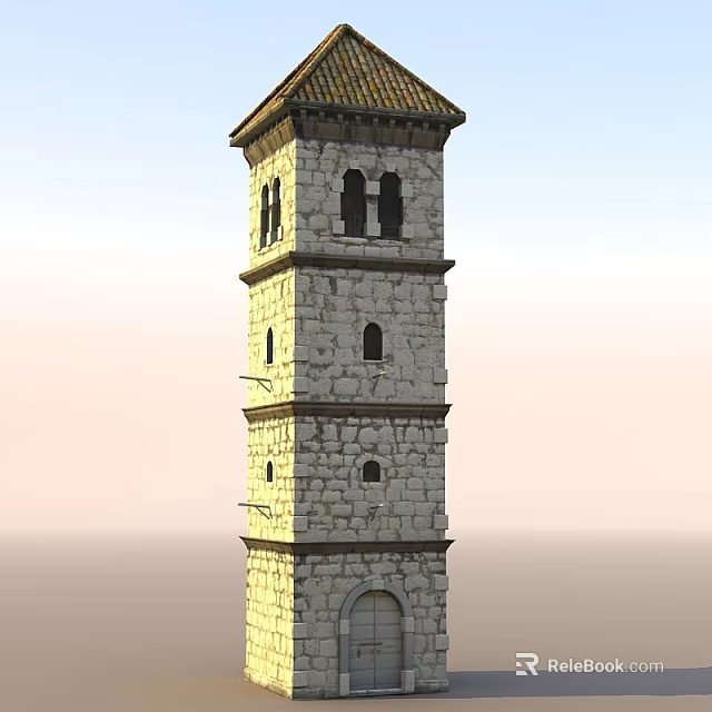 Traditional Stone Tower Featuring Multi Level Structure Tile Roof And Arched Windows 3d model 