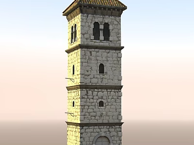 Traditional Stone Tower Featuring Multi Level Structure Tile Roof And Arched Windows 3d model