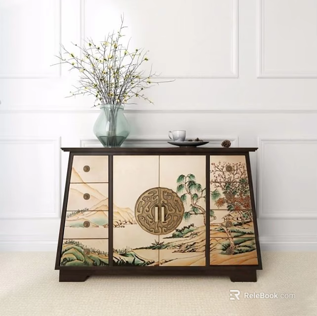 Chinese Style Entryway Console Table With Landscape Painting And Decorative Vase 3d model 